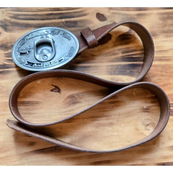 Novelty Belt Buckle On Leather 38" Belt Bottom's Up Open Here Quench Your Thirst - Picture 2 of 8